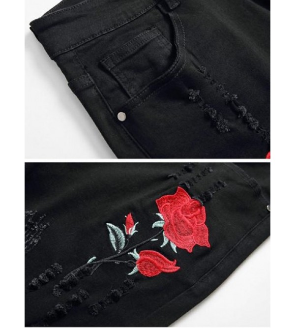 Rose Floral Embroidered Ripped Design Skinny Jeans