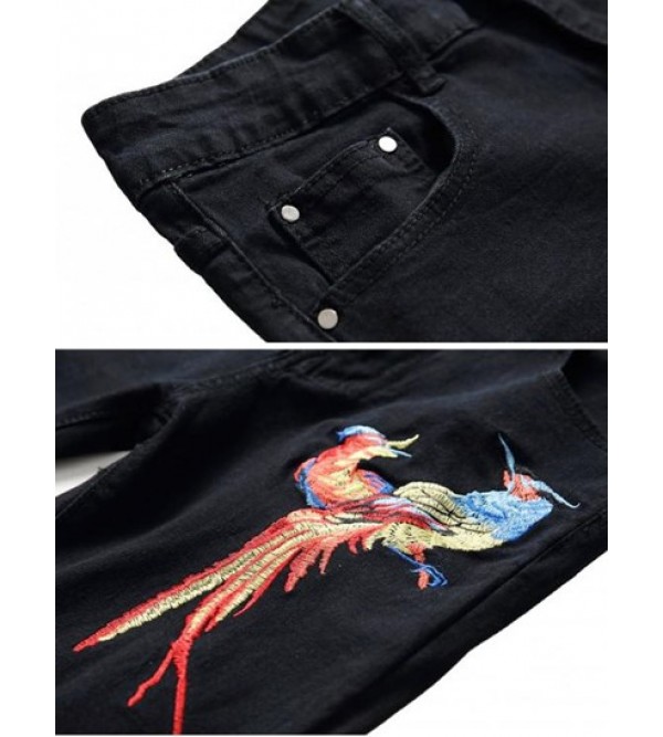 Ripped Floral Bird Embroidery Destroy Wash Long Jeans