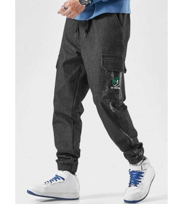 Contrast Letter Embroidery Joggers Jeans