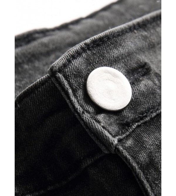 Ripped Patch Pocket Zipper Casual Jeans