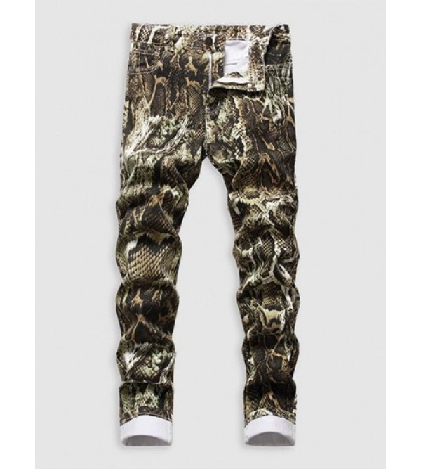 Snakeskin Print Multi-pocket Cuffed Stretch Jeans