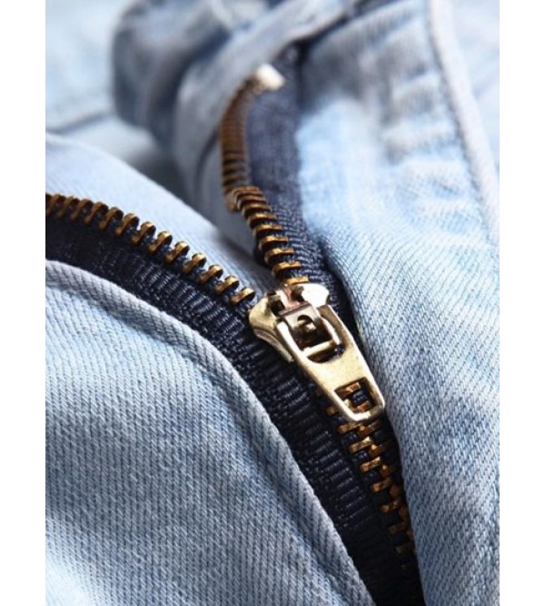 Faded Ribbed Casual Pockets Zipper Jeans