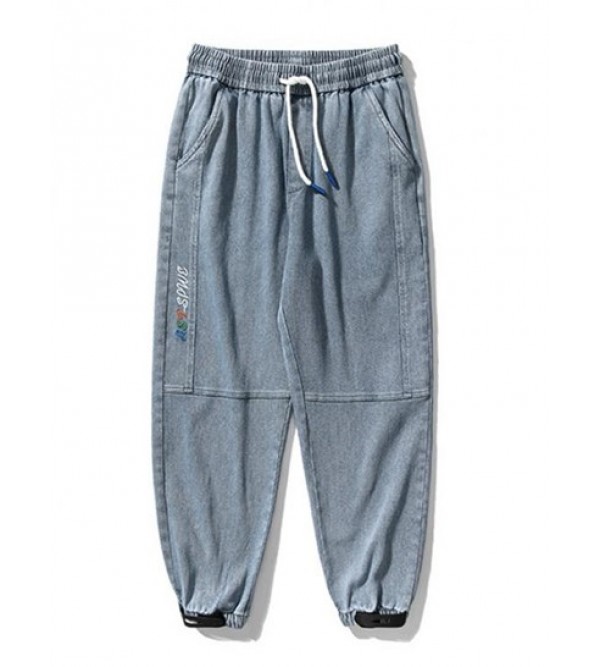 Letter Embroidered Pocket Baggy Jogger Jeans