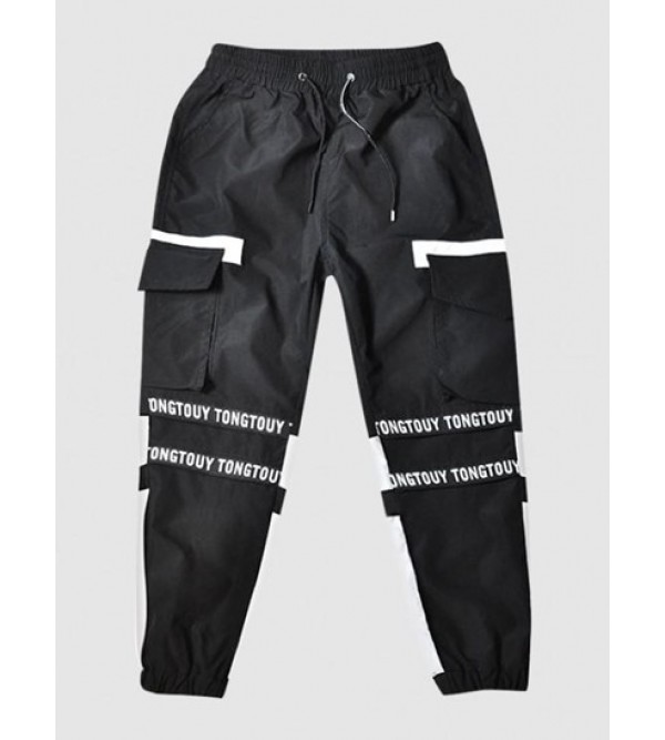 Letter Print Colorblock Drawstring Cargo Jogger Pants