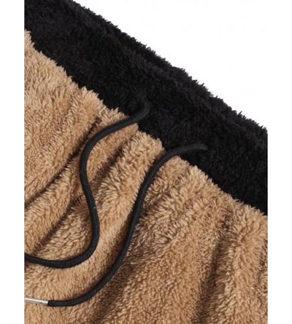 Letter Applique Contrast Faux Fur Fluffy Pants