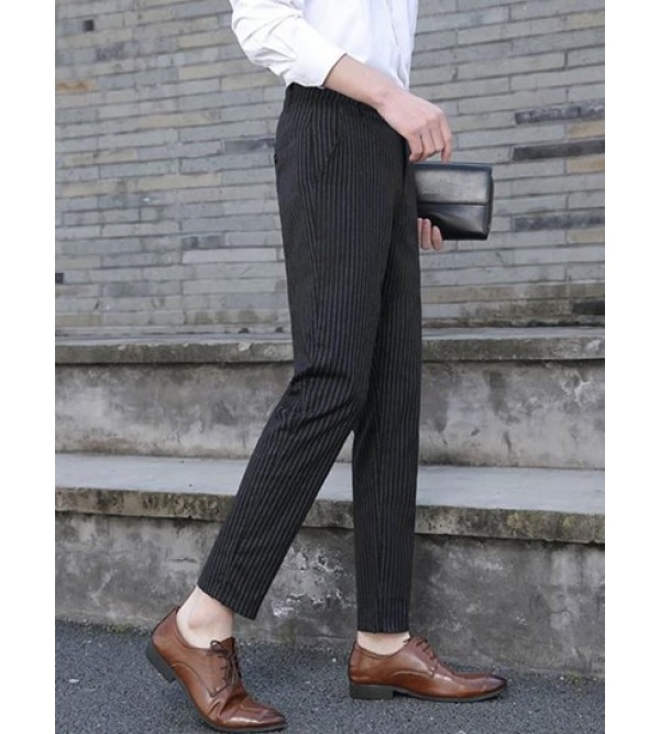 Vertical Striped Pockets Tapered Office Pants