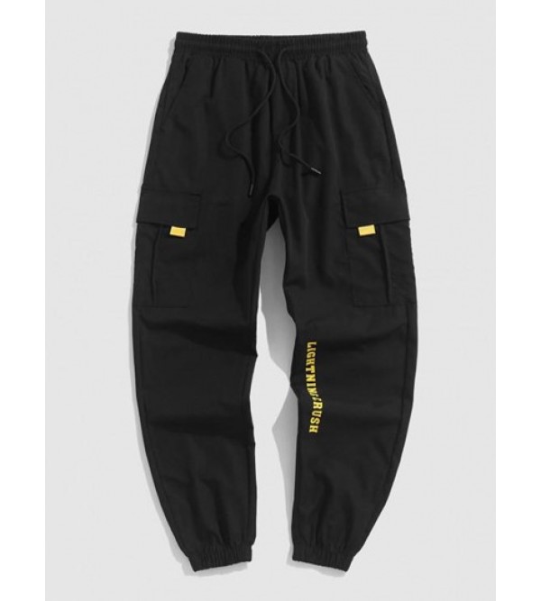 Letter Printed Multi-pockets Design Drawstring Beam Feet Pants