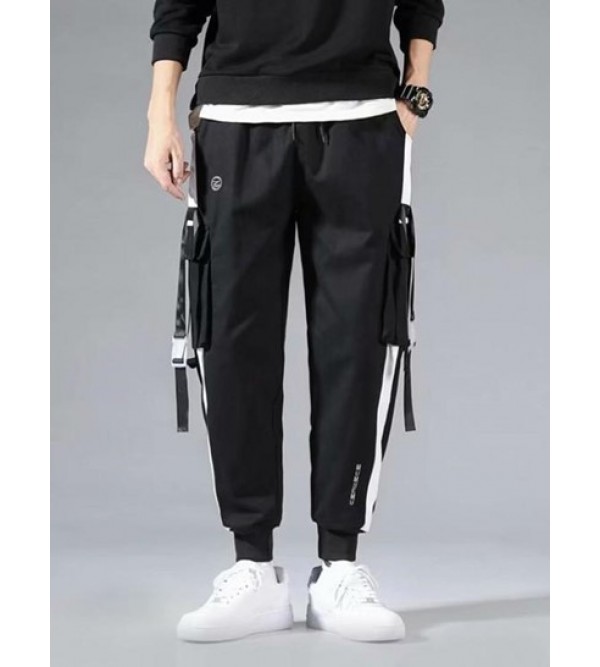 Colorblock Pockets Letter Print Drawstring Cargo Shorts