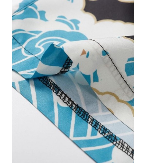 Sea Waves And Flower Print Casual Drawstring Shorts