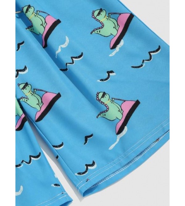 Cartoon Dinosaur Printed Drawstring Beach Shorts