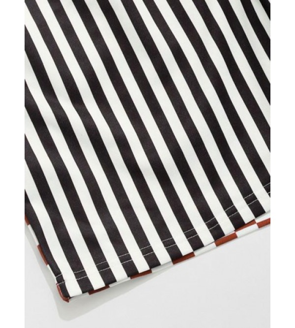 Drawstring Stripe Checkerboard Half Print Casual Shorts