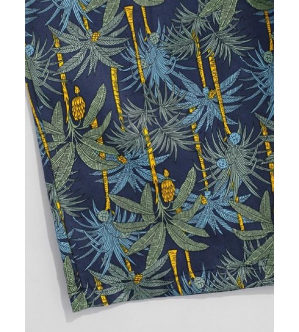 Drawstring Tropical Plant Print Beach Shorts