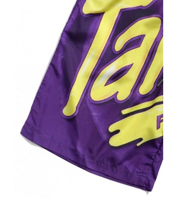 Letter Graphic Print Drawstring Beach Shorts