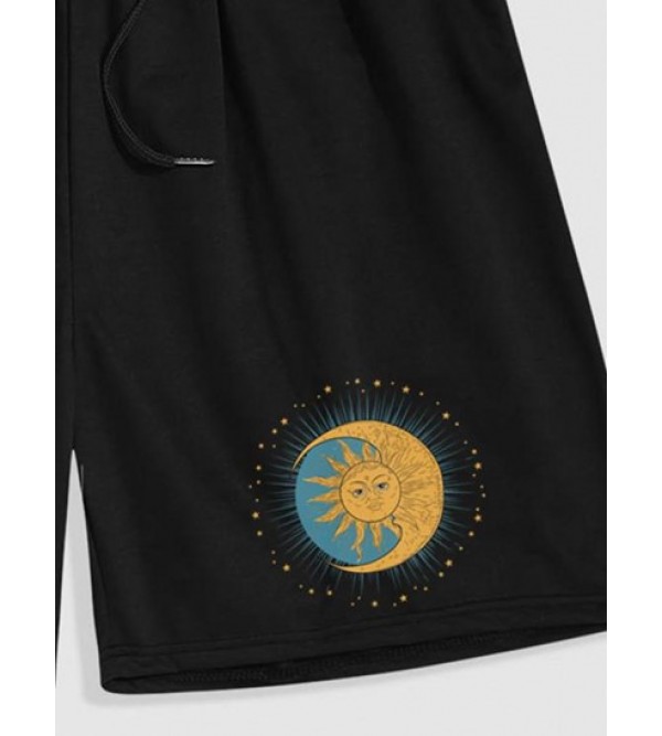 Sun And Moon Graphic Drawstring Shorts