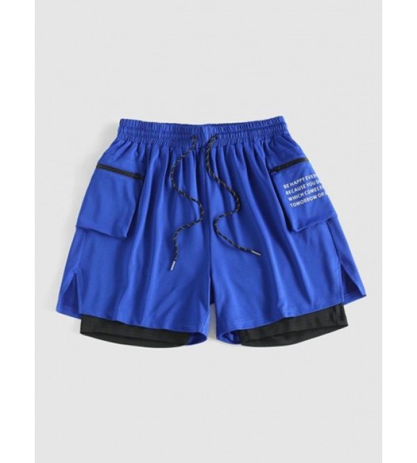 Letter Print Zipper Pocket Design Faux Twinset Sports Shorts