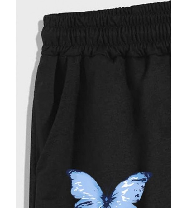 Drawstring Cotton Butterfly DREAMS Graphic Sweat Shorts