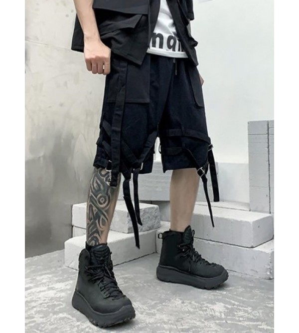 Buckle Strap Drawstring Cargo Shorts