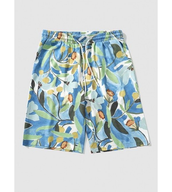 Retro Floral Printed Drawstring Casual Shorts