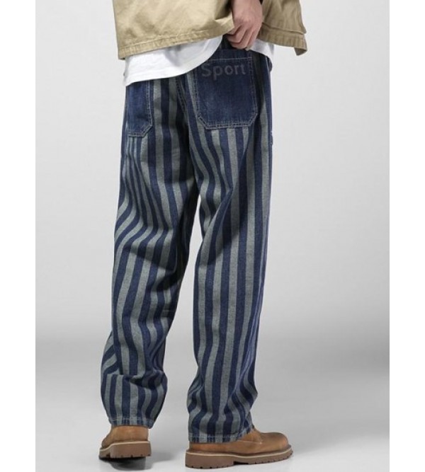 Striped Letters Print Straight Leg Jeans