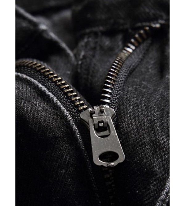 Black Ripped Zipper Fly Pockets Jeans