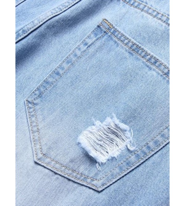 Zipper Embellishment Light Wash Ripped Jeans