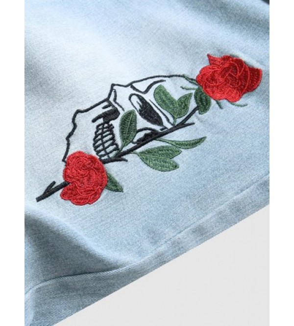 Ripped Rose Embroidery Zipper Fly Jeans