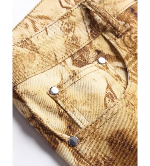 Ethnic Style Graphic Print Pockets Retro Jeans