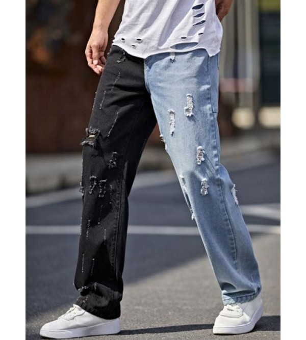 Ripped Straight Leg Two Tone Jeans