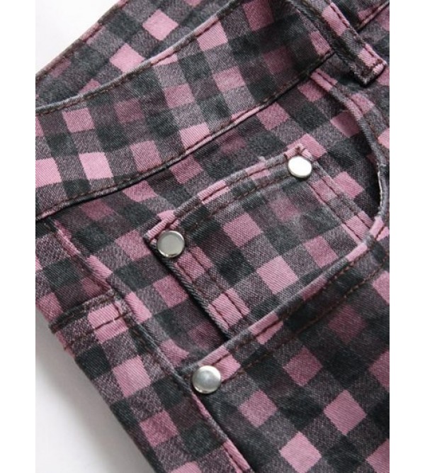 Plaid Print Pockets Zipper Retro Jeans
