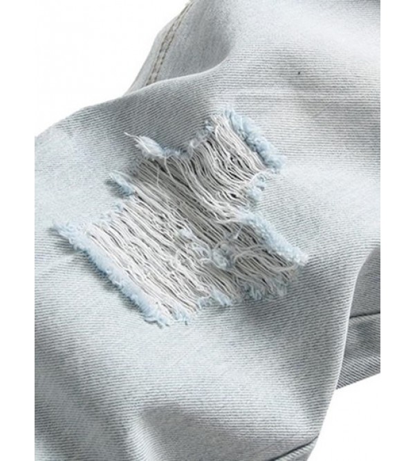 Light Color Ripped Pockets Zipper Fly Jeans