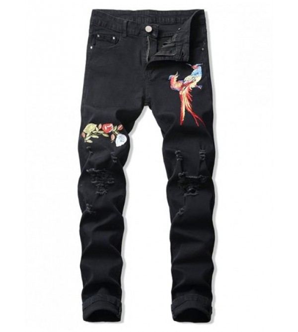 Ripped Floral Bird Embroidery Destroy Wash Long Jeans