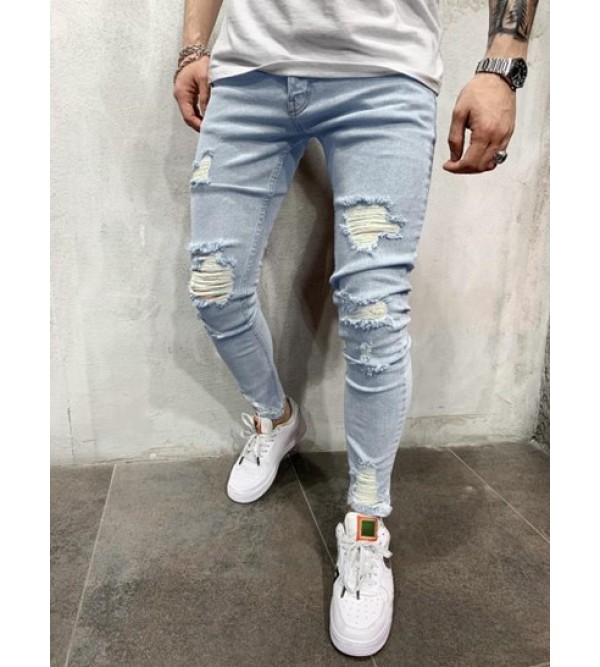 Casual Ripped Frayed Tapered Jeans