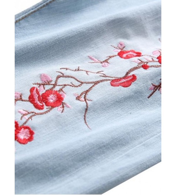 Floral Embroidery Destroy Wash Distressed Long Jeans