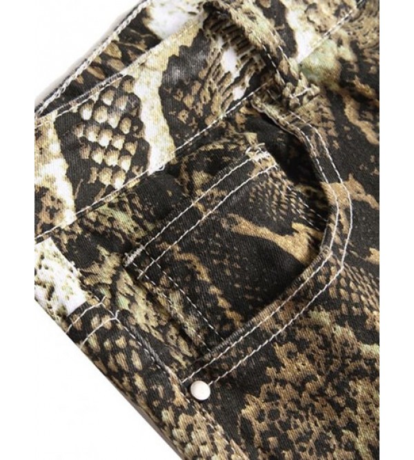 Snakeskin Print Multi-pocket Cuffed Stretch Jeans