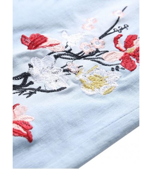 Distressed Long Floral Embroidery Ripped Jeans