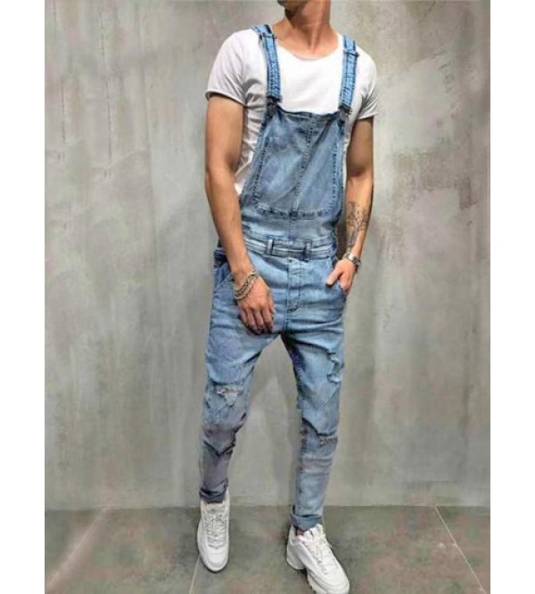 Frayed Ripped Inside Pocket Design Jean Jumpsuits