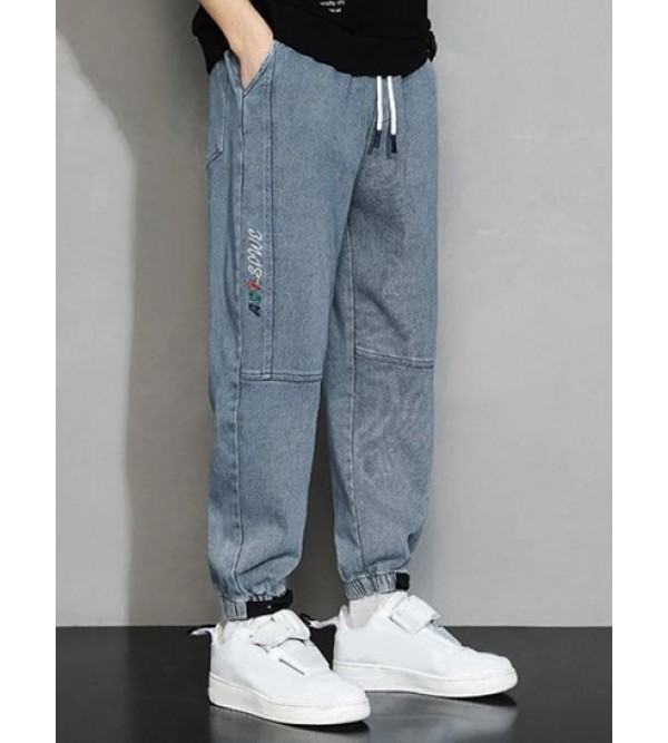 Letter Embroidered Pocket Baggy Jogger Jeans