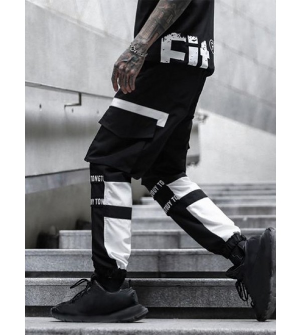 Letter Print Colorblock Drawstring Cargo Jogger Pants