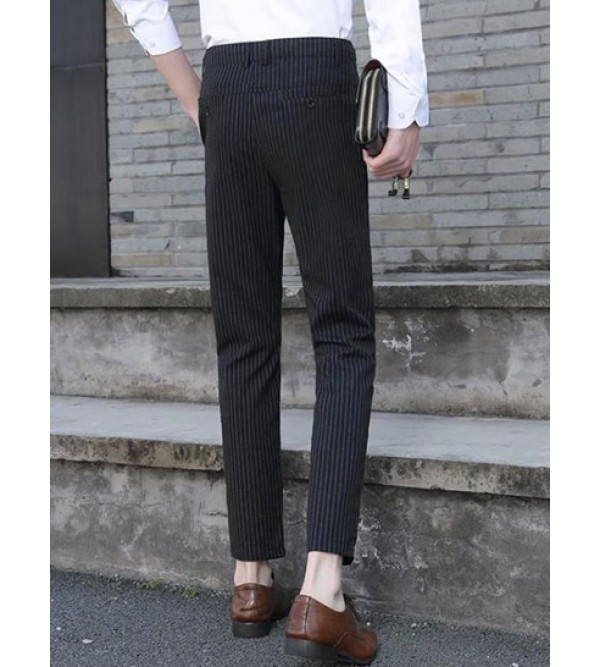Vertical Striped Pockets Tapered Office Pants
