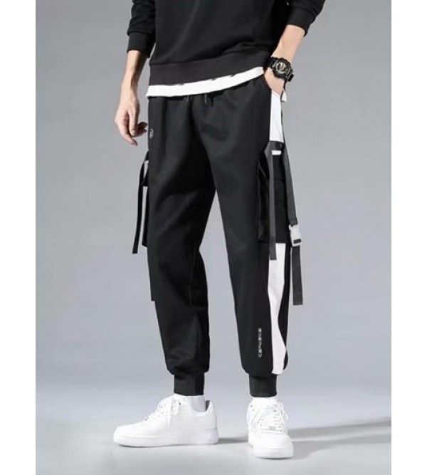 Colorblock Pockets Letter Print Drawstring Cargo Shorts