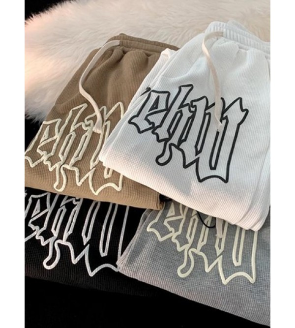 Textured Drawstring Letter Graphic Straight Pants