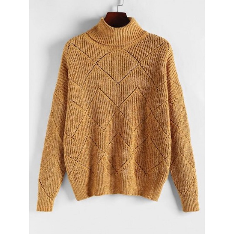 Turtleneck Chenille Pointelle Knit Sweater