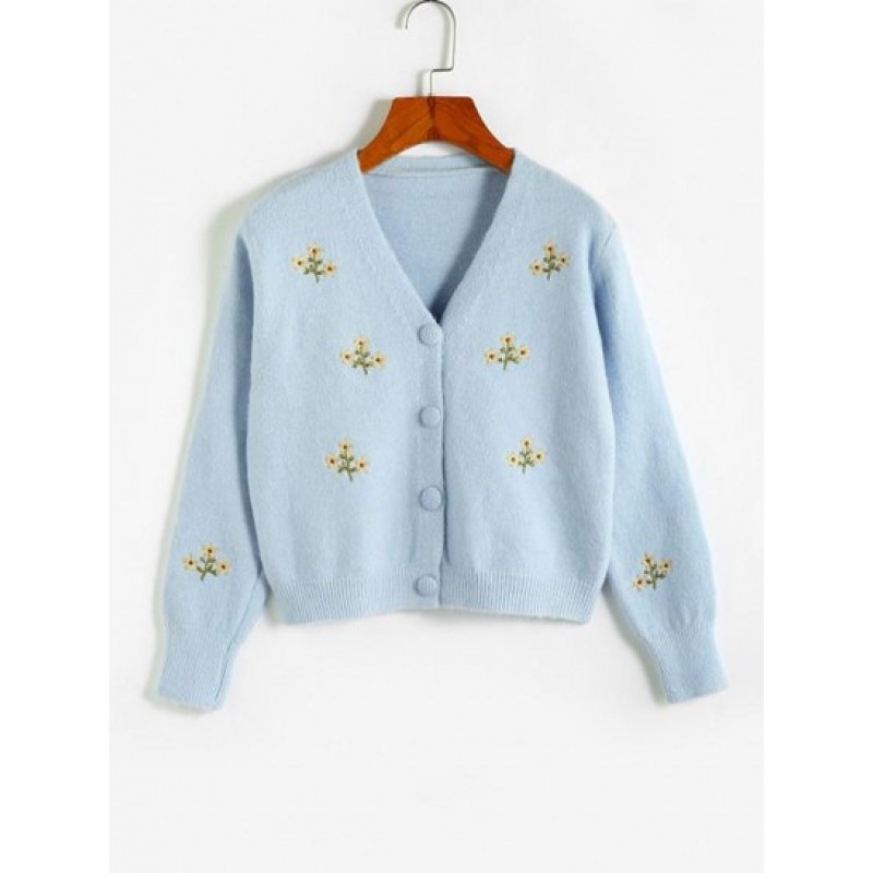 Floral Embroidered Button Up Cardigan