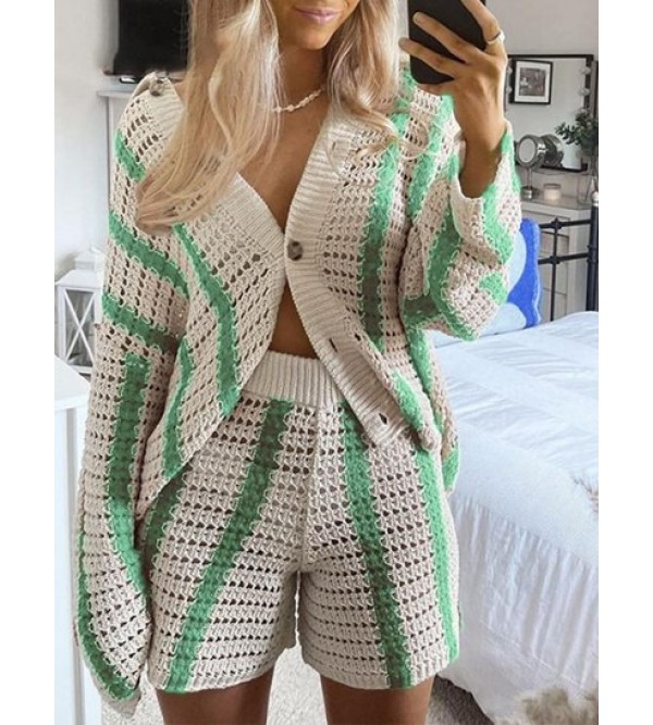 Striped Openwork Drop Shoulder Cardigan