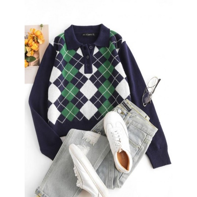 Pullover Button Front Plaid Sweater