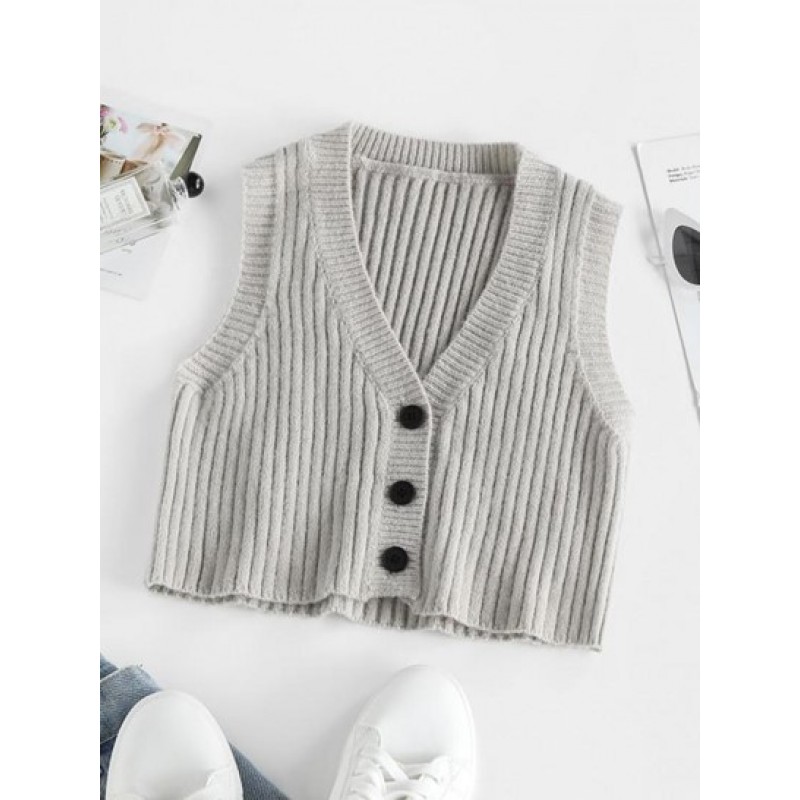 Button Up Crop Vest Cardigan