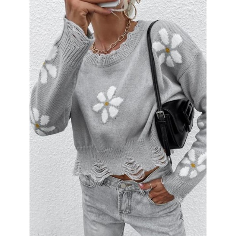 Ripped Distressed Flower Graphic Sweater