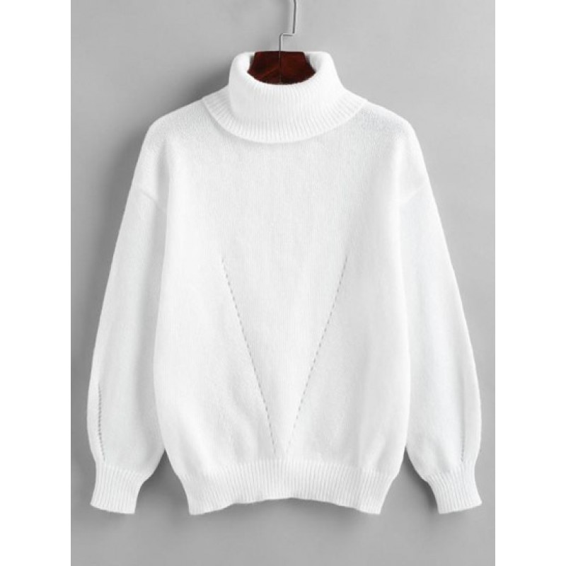 Turtleneck Pointelle Knit Drop Shoulder Plain Sweater