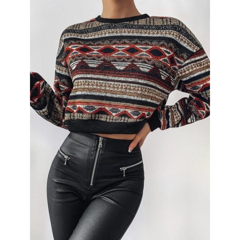 Drop Shoulder Crew Neck Tribal Graphic Sweater