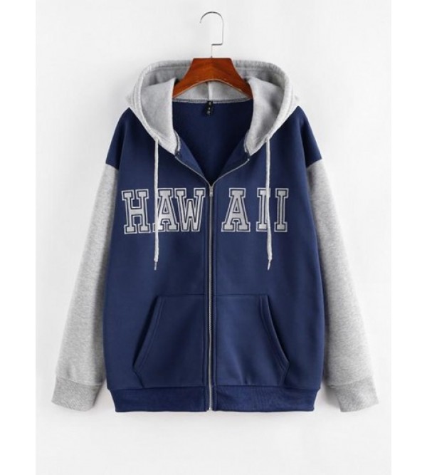 Colorblock Letter Embroidered Zip Up Hoodie